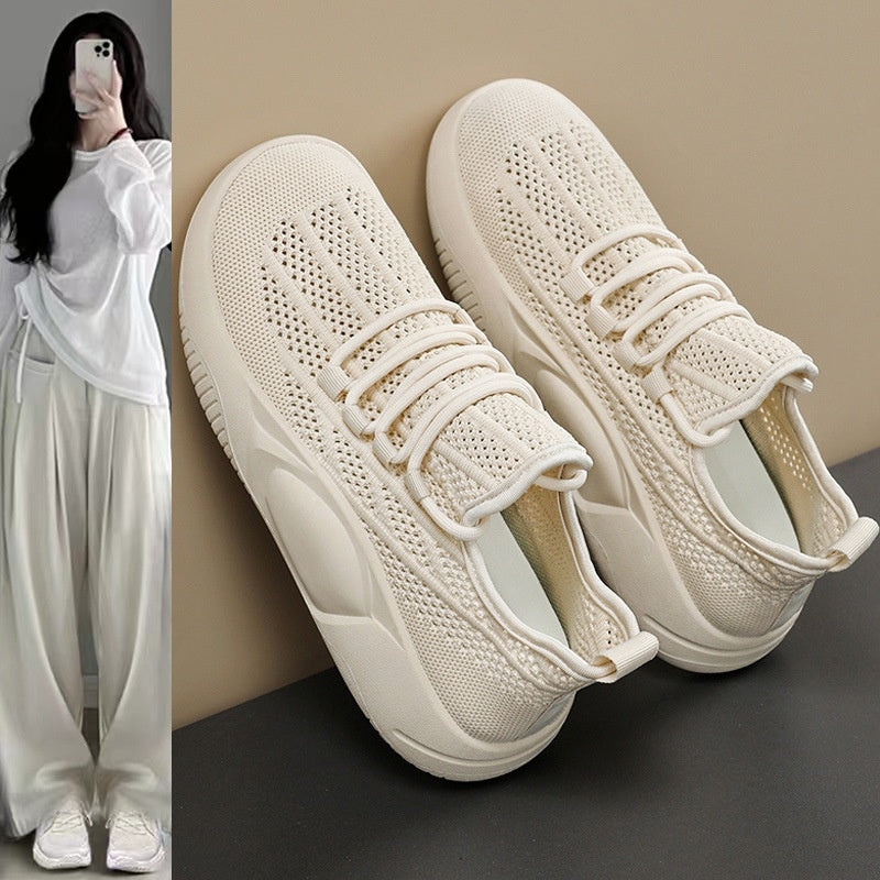 Summer Breathable Women's Shoes 2025 New Style Fly-Knit Mesh Shoes Hollow Thin Lightweight Dad Shoes Casual White Shoes