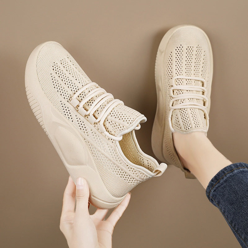 Summer Breathable Women's Shoes 2025 New Style Fly-Knit Mesh Shoes Hollow Thin Lightweight Dad Shoes Casual White Shoes