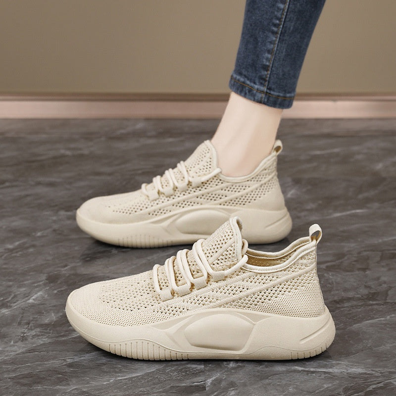Summer Breathable Women's Shoes 2025 New Style Fly-Knit Mesh Shoes Hollow Thin Lightweight Dad Shoes Casual White Shoes